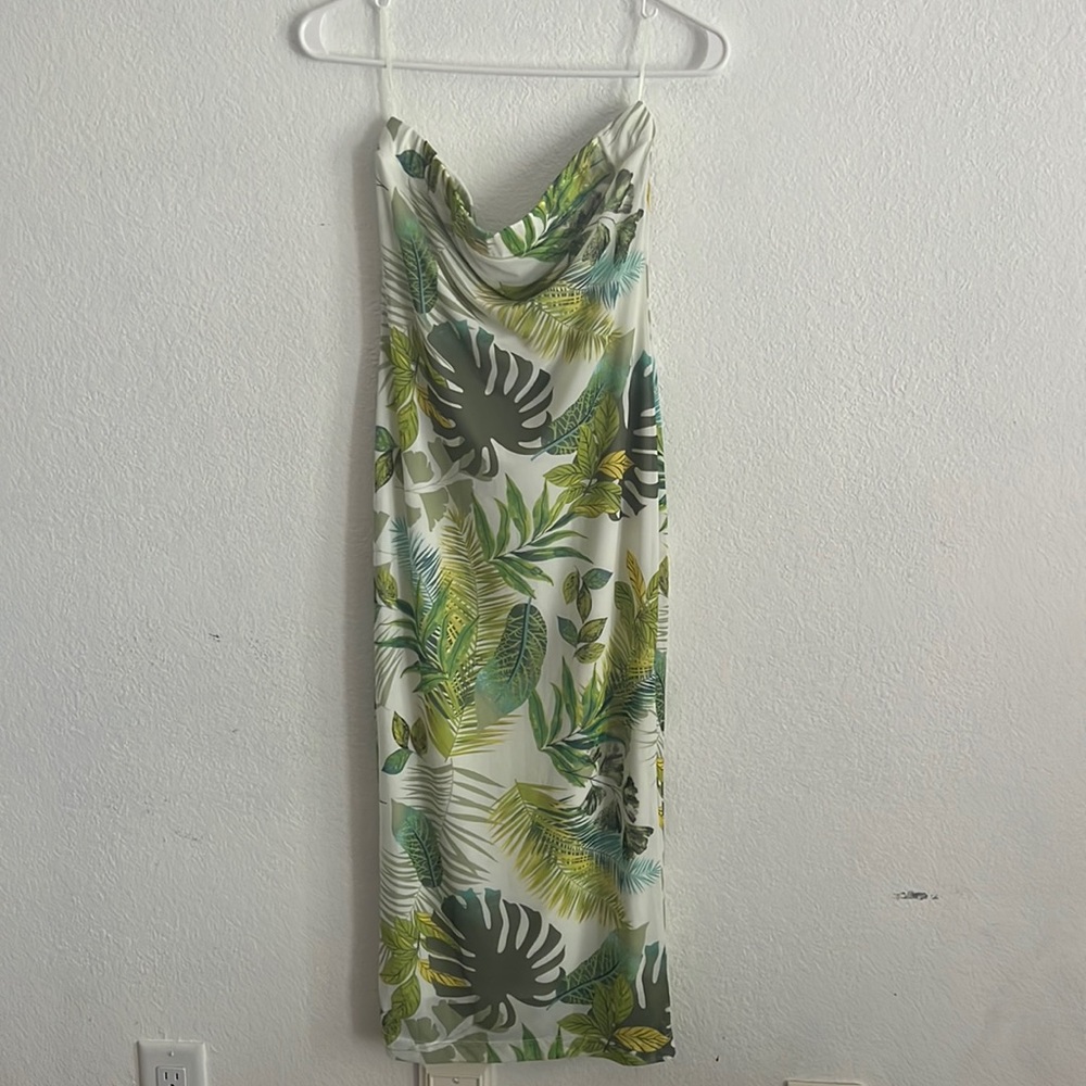 Strapless Midi Green/White Leaf Design Dress Size M